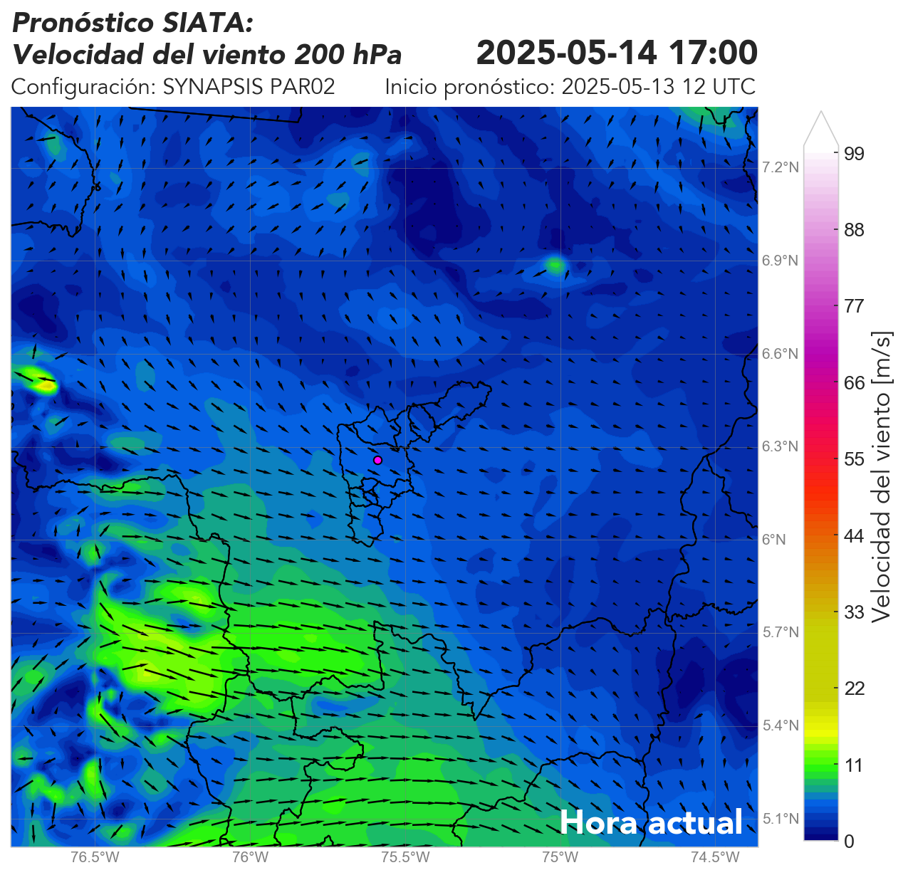 SYNAPSIS PAR02: Vientos horizontales y su magnitud a 200 hPa