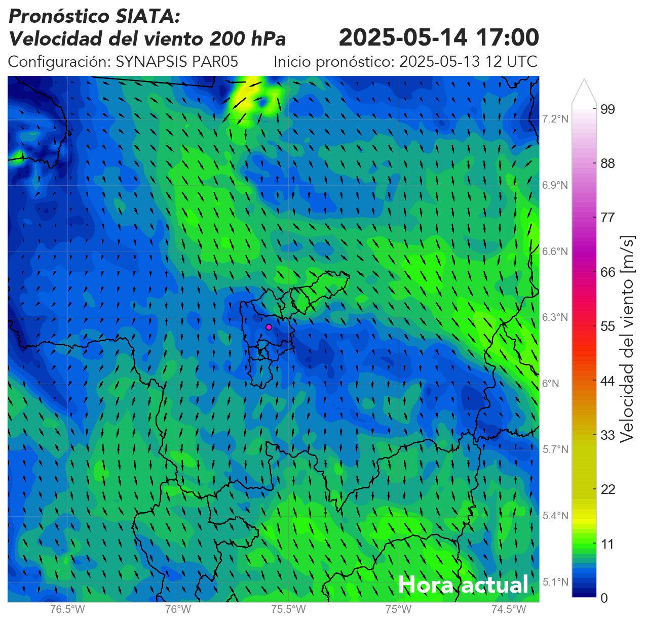 SYNAPSIS PAR05: Vientos horizontales y su magnitud a 200 hPa