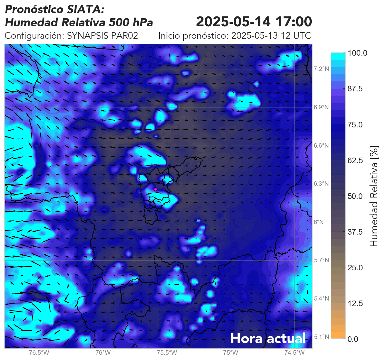 SYNAPSIS PAR02: Vientos horizontales y humedad relativa a 500 hPa