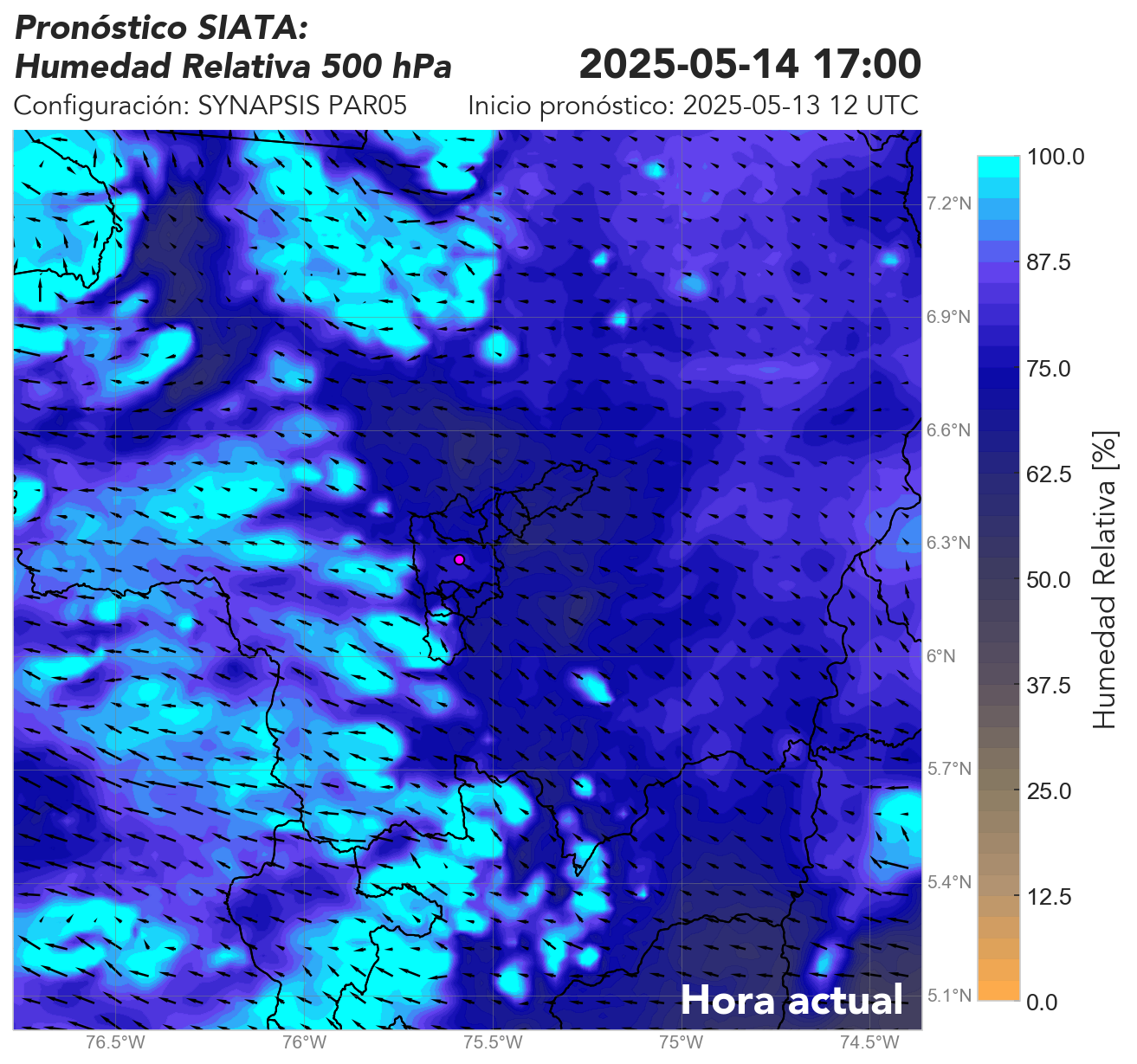 SYNAPSIS PAR05: Vientos horizontales y humedad relativa a 500 hPa