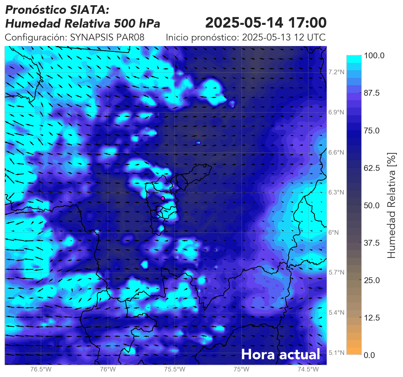 SYNAPSIS PAR08: Vientos horizontales y humedad relativa a 500 hPa