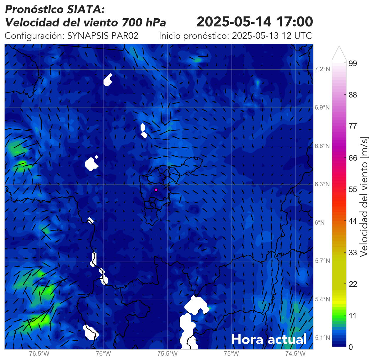 SYNAPSIS PAR02: Vientos horizontales y su magnitud a 700 hPa