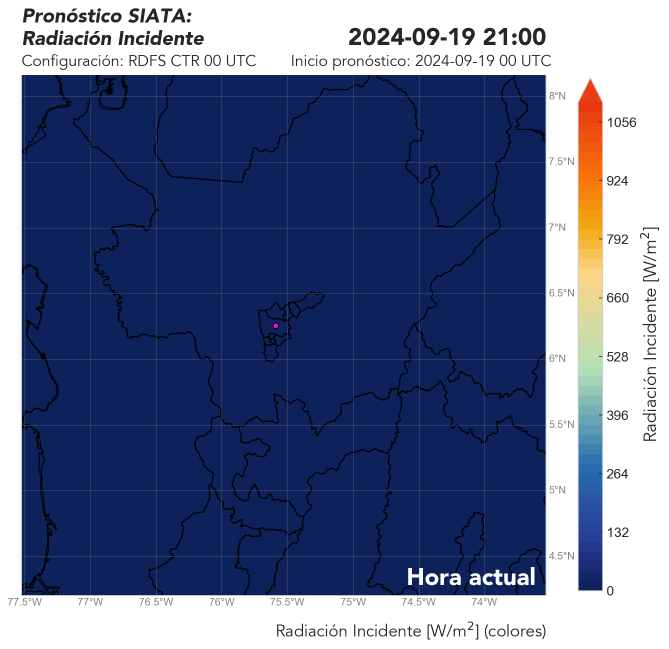 RDFS CTR (Ejecución sin asimilación de datos) 00 UTC: Radiación solar incidente en superficie