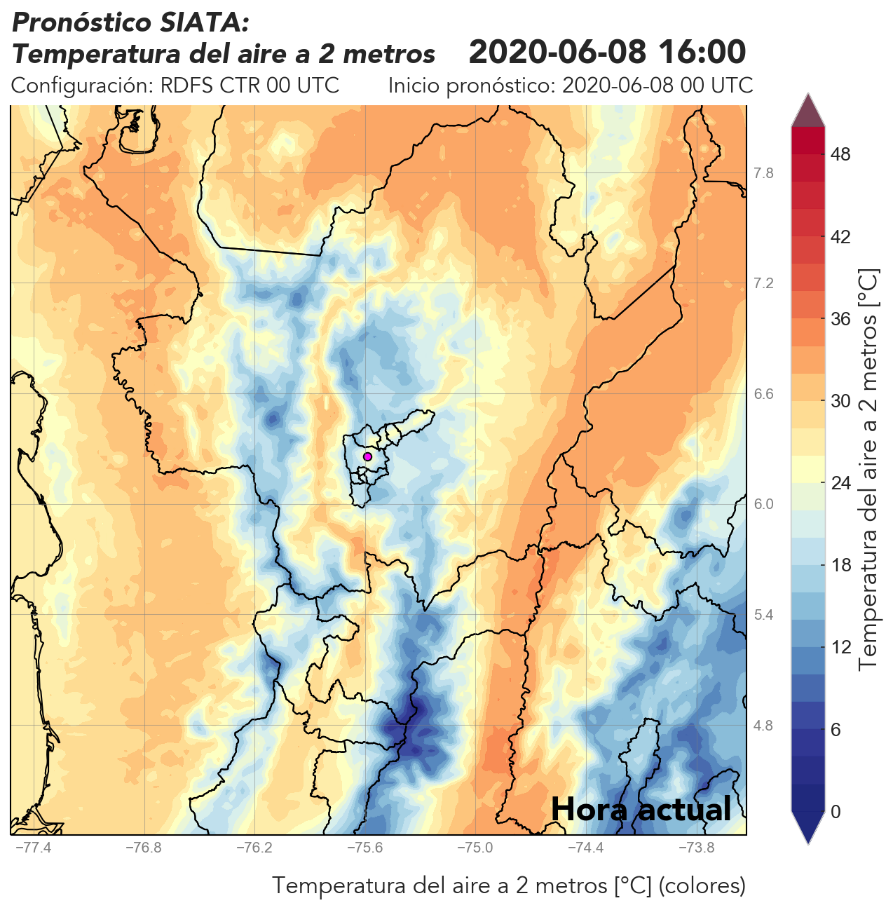 RDFS CTR (Ejecución sin asimilación de datos) 00 UTC: Temperatura a 2 metros