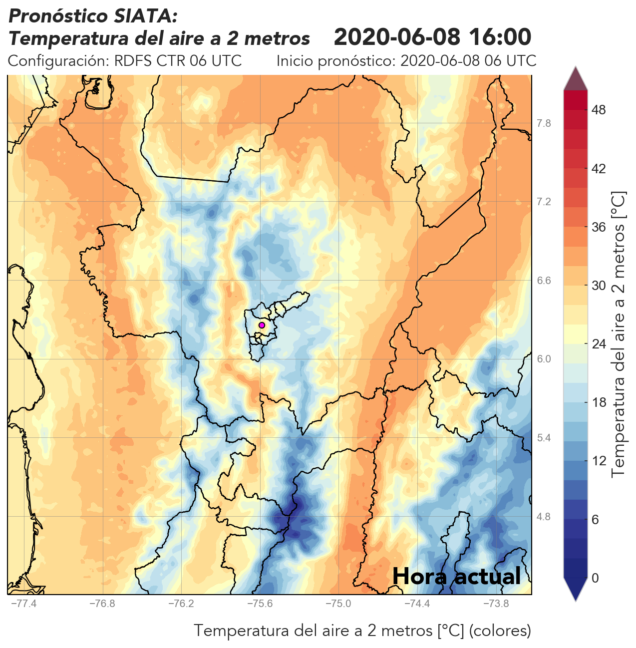 RDFS CTR (Ejecución sin asimilación de datos) 06 UTC: Temperatura a 2 metros