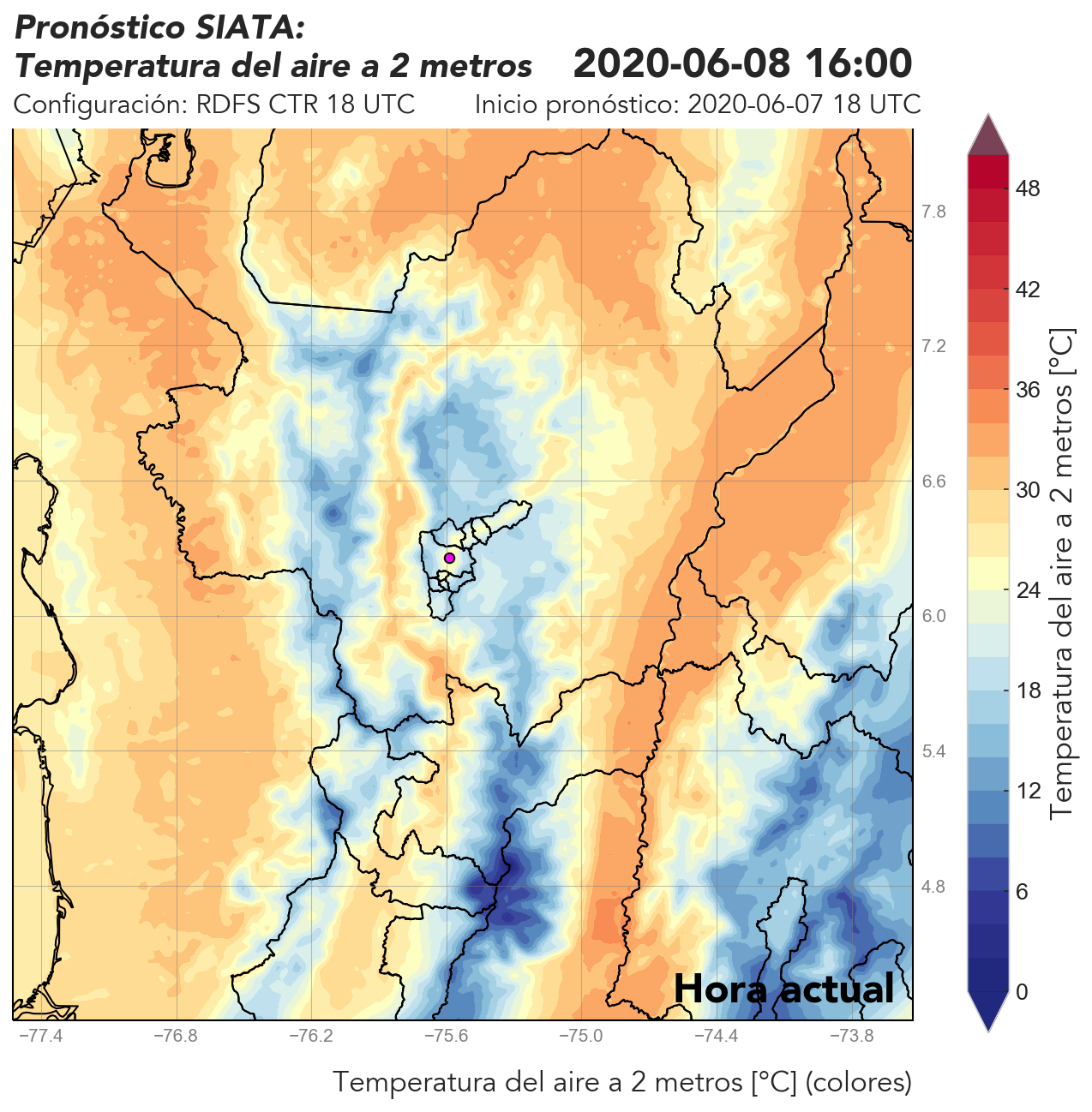 RDFS CTR (Ejecución sin asimilación de datos) 18 UTC: Temperatura a 2 metros