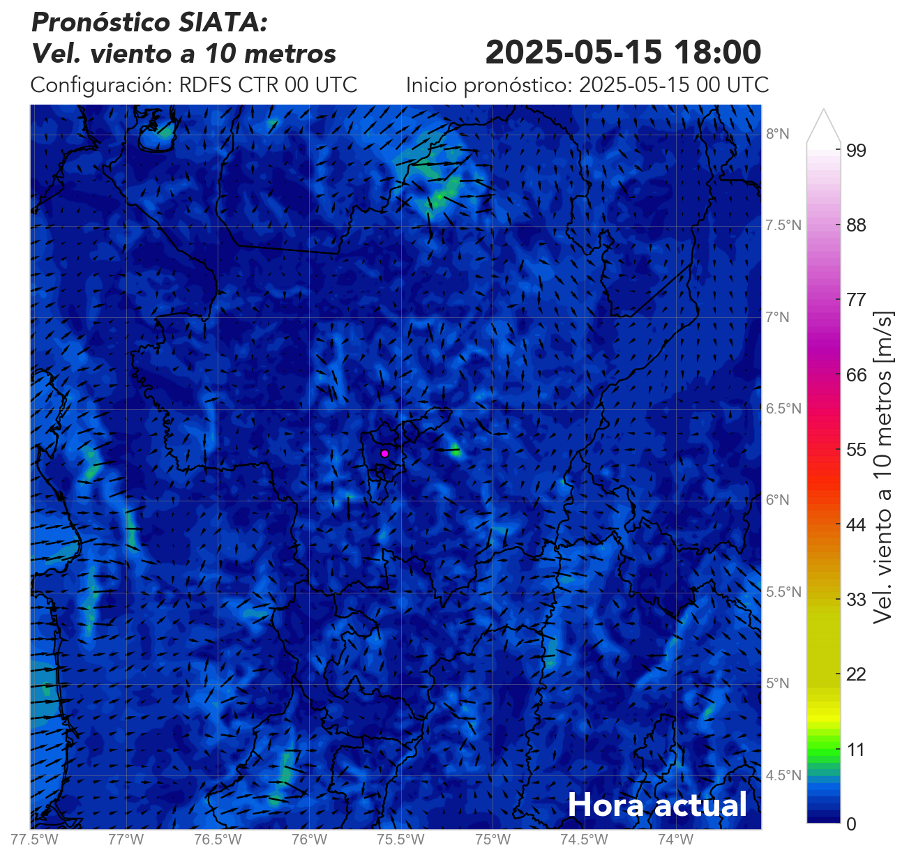 RDFS CTR (Ejecución sin asimilación de datos) 00 UTC: Viento superficial (a 10 metros)