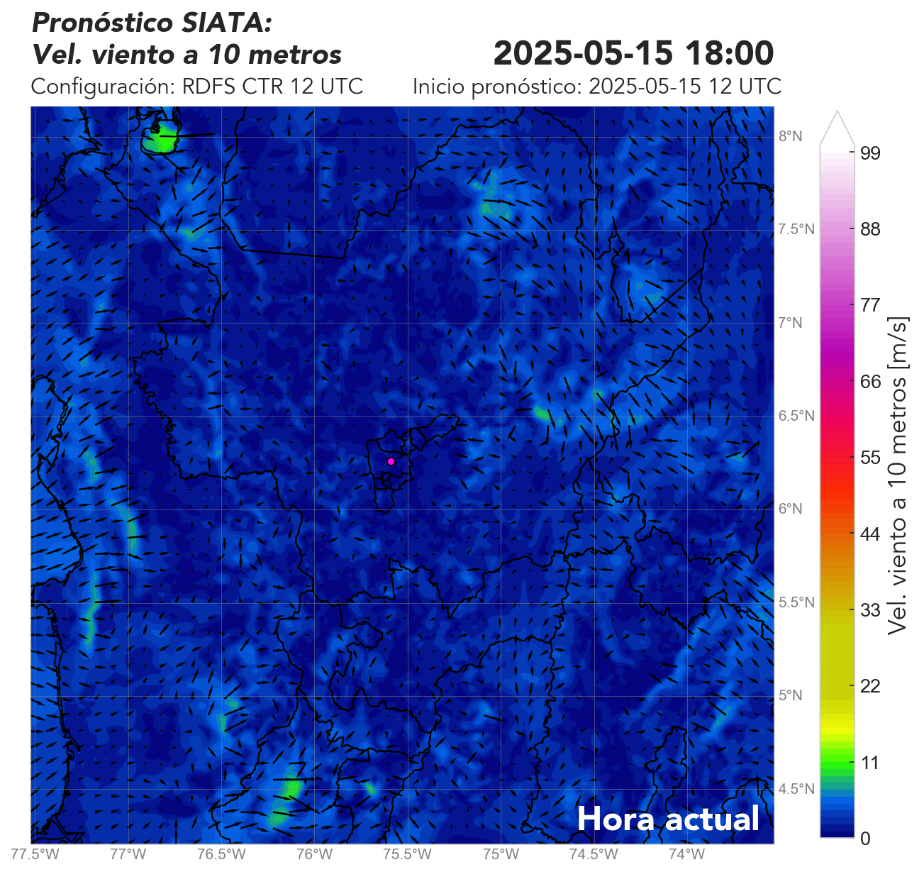 RDFS CTR (Ejecución sin asimilación de datos) 12 UTC: Viento superficial (a 10 metros)