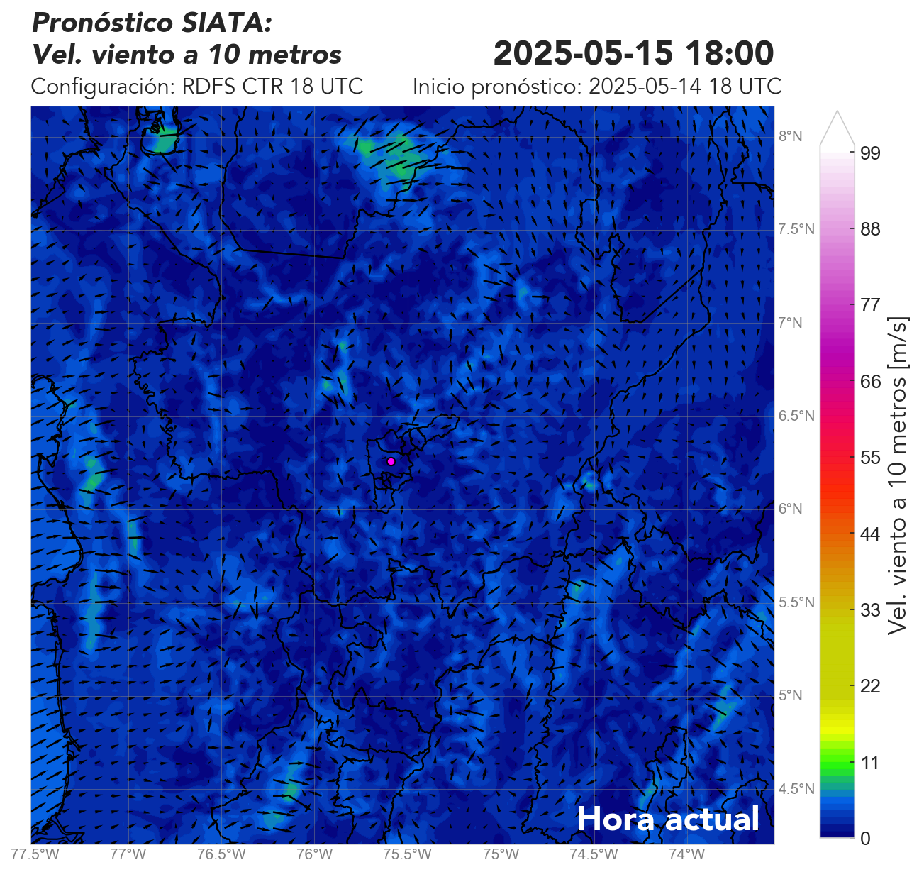 RDFS CTR (Ejecución sin asimilación de datos) 18 UTC: Viento superficial (a 10 metros)