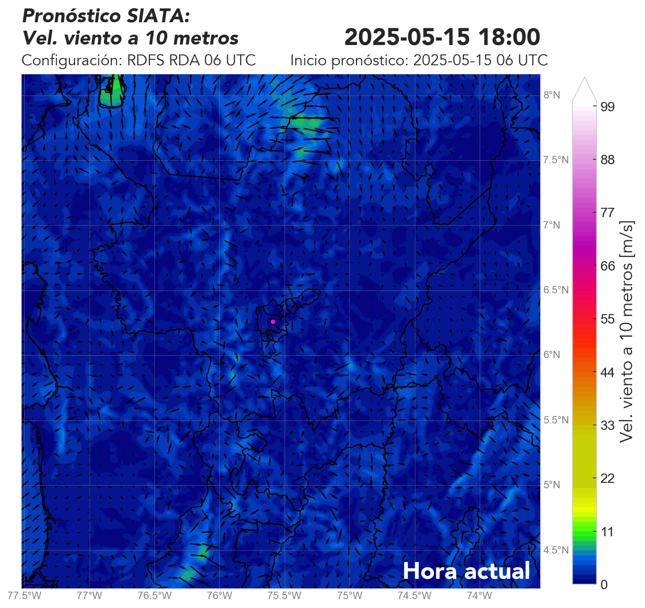 RDFS RDA (Ejecución con asimilación de datos) 06 UTC: Viento superficial (a 10 metros)