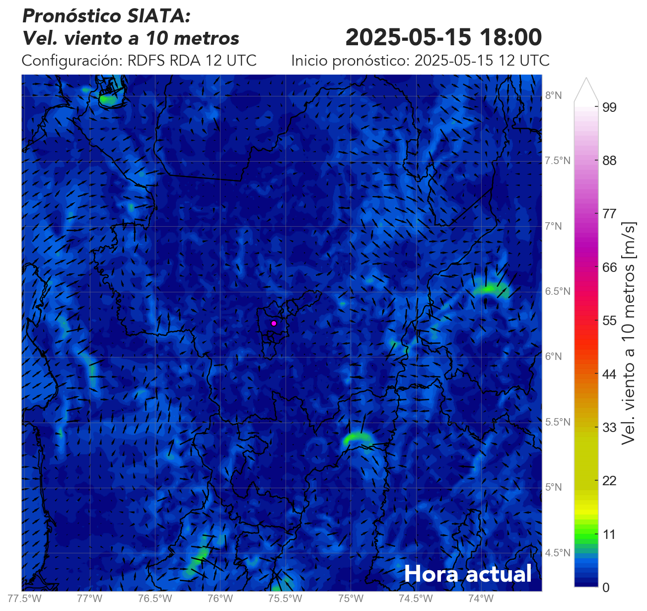RDFS RDA (Ejecución con asimilación de datos) 12 UTC: Viento superficial (a 10 metros)