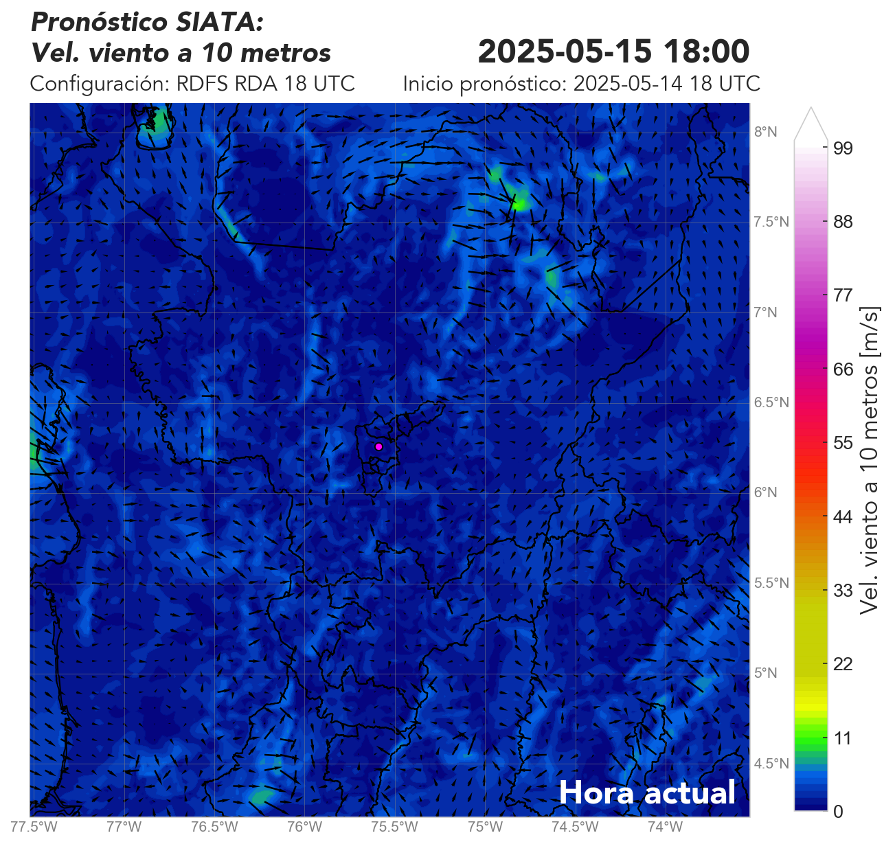RDFS RDA (Ejecución con asimilación de datos) 18 UTC: Viento superficial (a 10 metros)